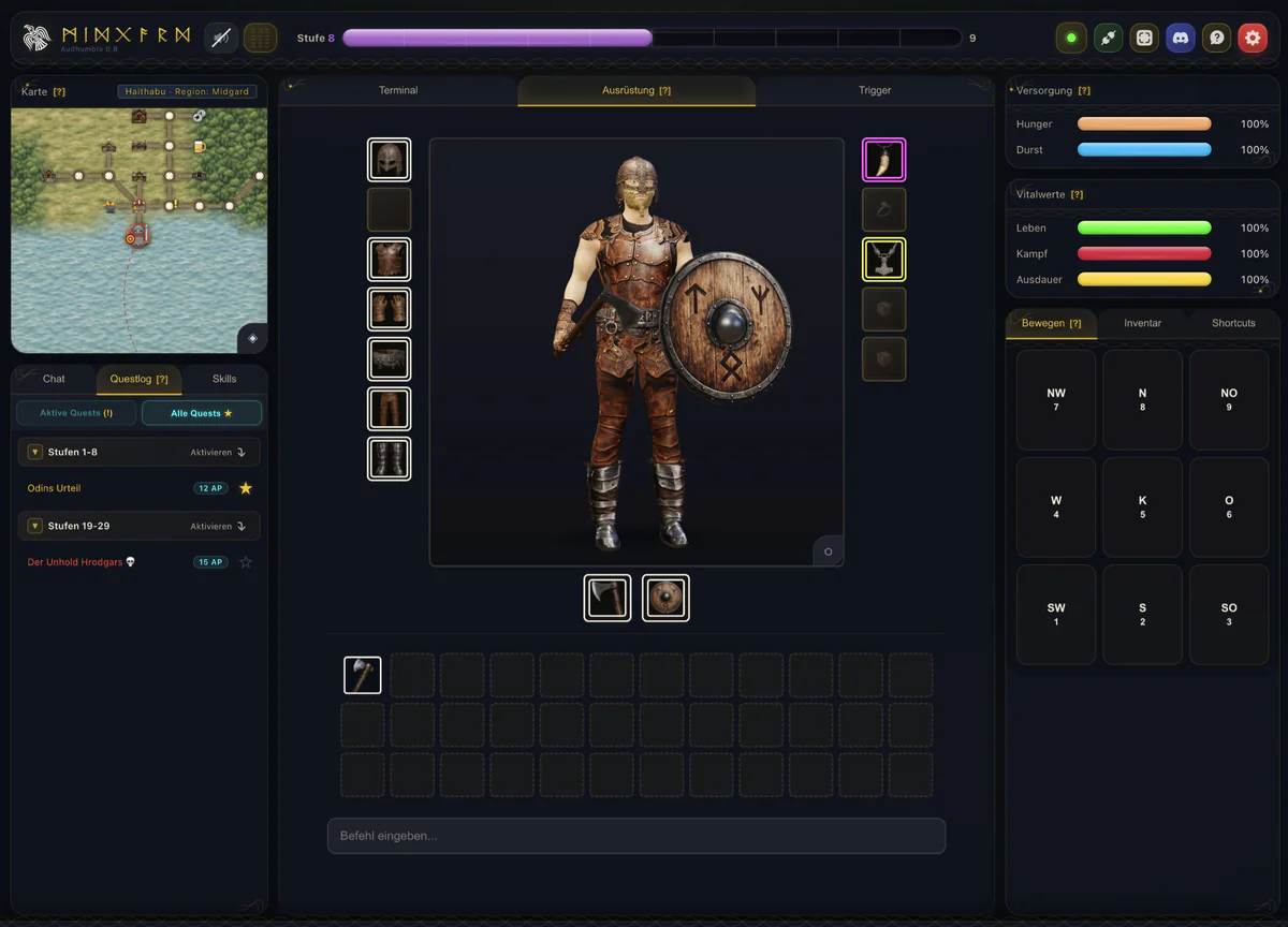 Der Midgard-Webclient: Im Ausrüstungsfenster zeigt ein 3D-Betrachter einen Wikinger mit Helm, Lederrüstung, Runenschild und Axt, umgeben von Ausrüstungsplätzen und einem Inventar, links stehen Karte und Questlog mit Quests nach Stufen, rechts Hunger, Durst und Vitalwerte sowie ein Steuerkreuz zum Bewegen in alle Himmelsrichtungen.
