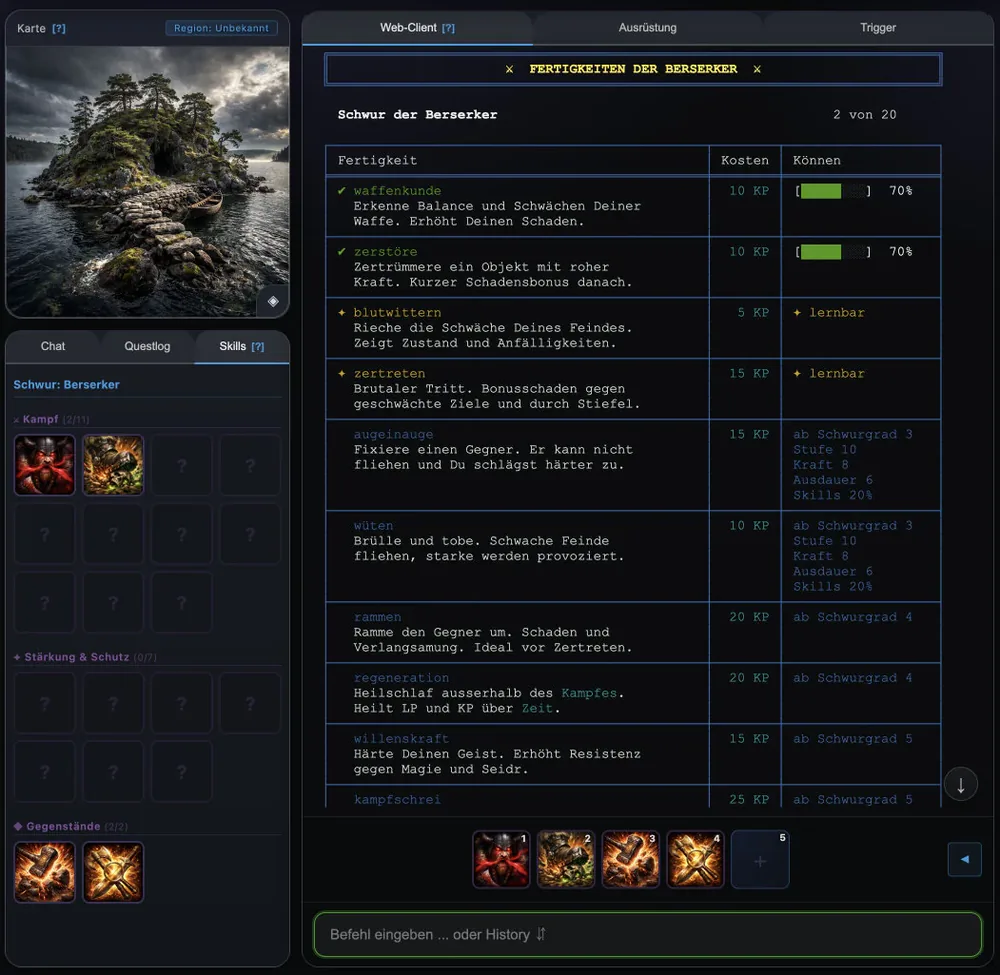Die Fertigkeiten des Berserker-Schwurs im Webclient mit Stufen, Kosten und Fortschritt