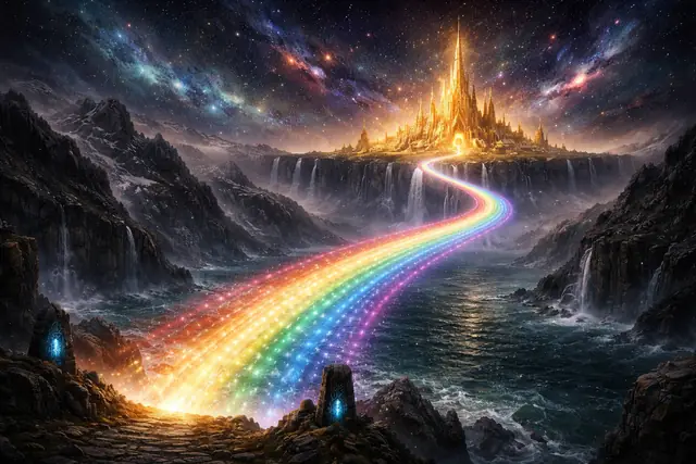 Die Regenbogenbrücke Bifröst führt durch die Nacht zu einer goldenen Burg