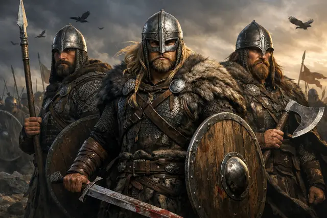 Drei Wikingerkrieger mit Helm, Schild, Schwert und Axt