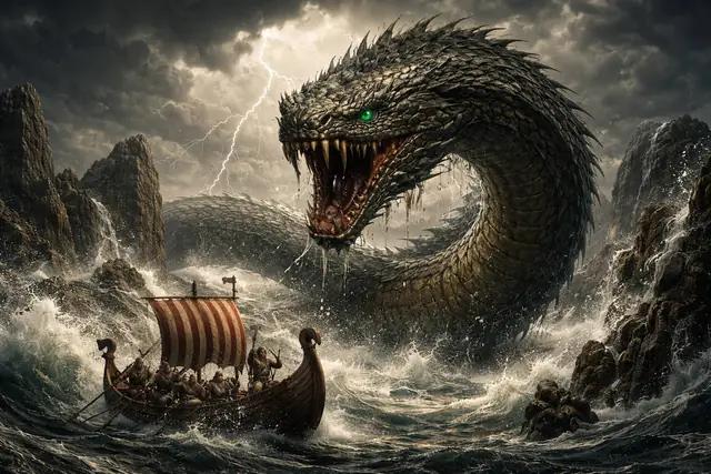 Die Midgardschlange Jörmungandr bäumt sich im Sturm vor einem Langschiff auf