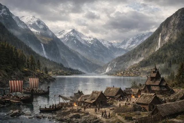 Eine Wikingersiedlung mit Langschiffen an einem Fjord zwischen hohen Bergen