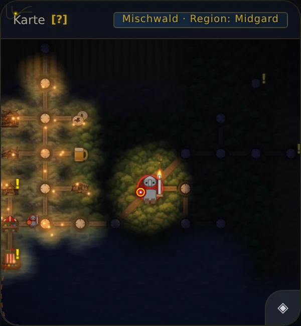 Die Minimap bei Nacht: ein Held mit Fackel im dunklen Mischwald, links leuchtet ein Ort mit Herdfeuern