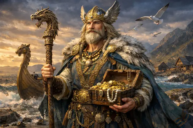 Der Meeresgott Njörd mit einer Truhe voller Gold an der Küste