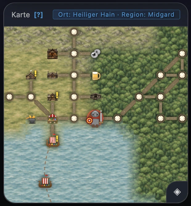 Die Minimap des Webclients mit Wegen, Orten, einem Hafen und gelben Ausrufezeichen an Quest-Orten