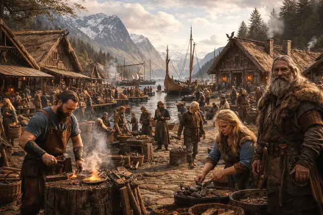 Wikinger bei der Arbeit in einem belebten Dorf am Hafen