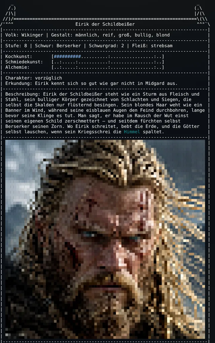 finger eirik im Midgard-Webclient: Kasten mit Volk, Stufe, Handwerk und Beschreibung, darunter das Porträt der Figur als farbiges ANSI-Bild