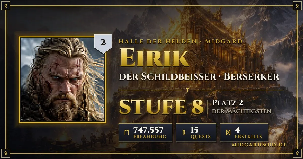 Heldenkarte von Eirik: großes Avatar-Bild, Name, Titel, Stufe, Platz, Erfahrung, Quests und Erstkills vor der Halle der Helden