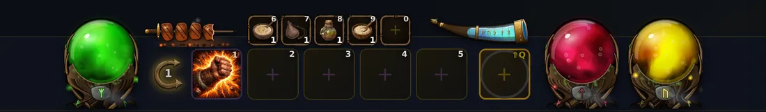 Die Leiste unter dem Terminal: links die grüne Kugel, der Seitenpfeil mit 1, fünf Skill-Slots mit Faustschlag in Slot 1, darüber fünf kleine Gürteltaschen mit Essen, Wassersack und Trank, links davon der Bratspieß, rechts davon das Trinkhorn, ganz rechts der runde Ultimate-Platz und die rote und gelbe Kugel.