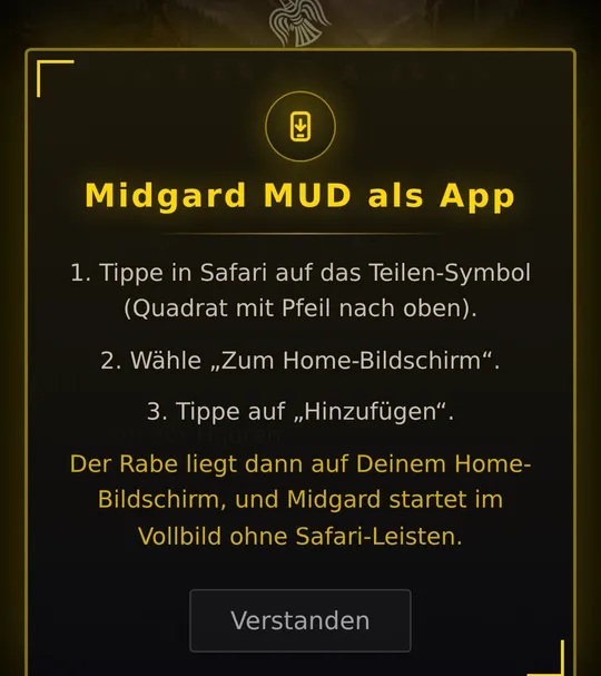 Der Hinweis „Midgard MUD als App“ mit den drei Schritten für Safari.