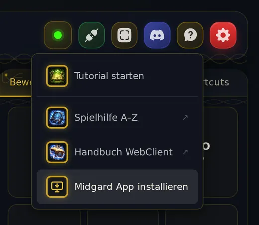 Das Hilfe-Menü des WebClients mit dem Eintrag „Midgard App installieren“ ganz unten.