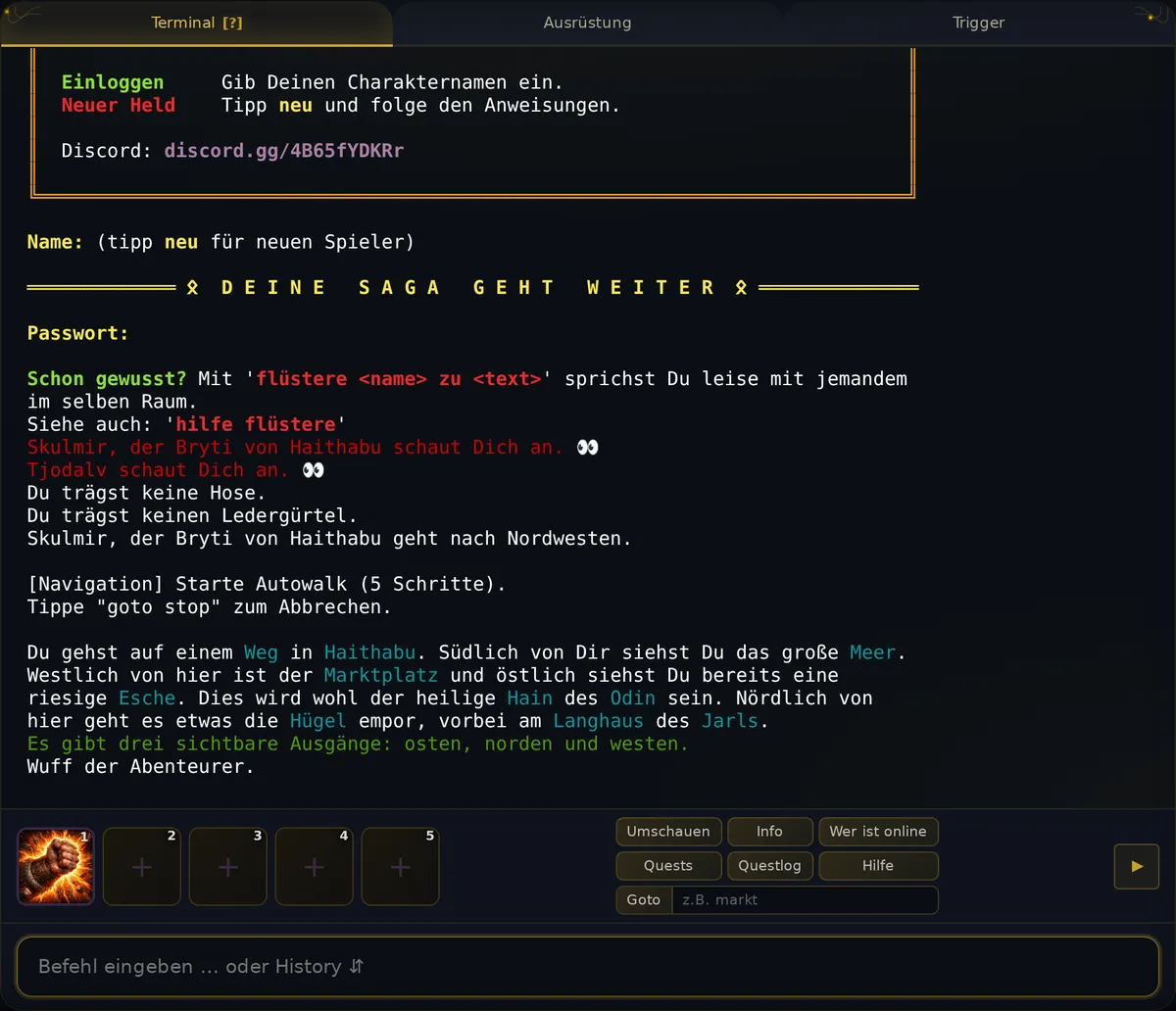 Im Terminal steht „[Navigation] Starte Autowalk (5 Schritte). Tippe goto stop zum Abbrechen.“, danach die Beschreibung des nächsten Ortes.