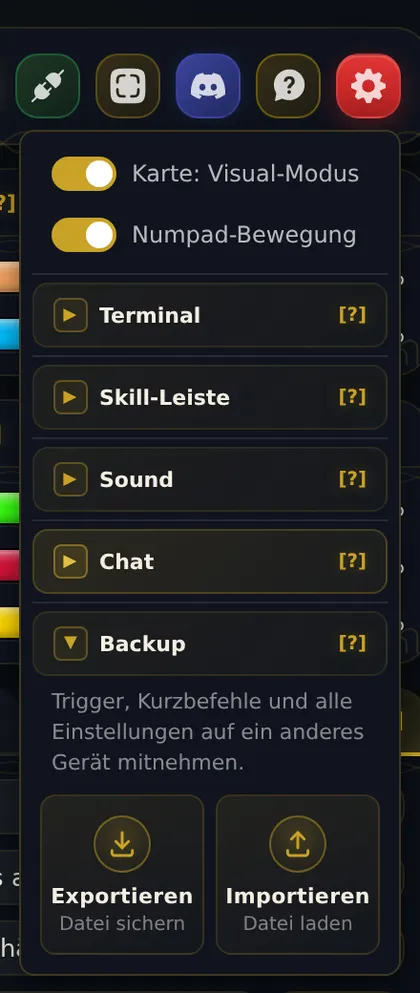 Einstellungen, Bereich Backup: Text „Trigger, Kurzbefehle und alle Einstellungen auf ein anderes Gerät mitnehmen“ und zwei Kacheln Exportieren und Importieren.