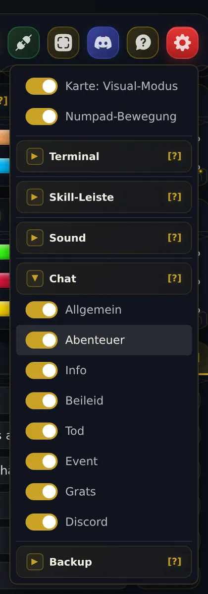 Einstellungen, Bereich Chat: Schalter für Allgemein, Abenteuer, Info, Beileid, Tod, Event, Grats und Discord.