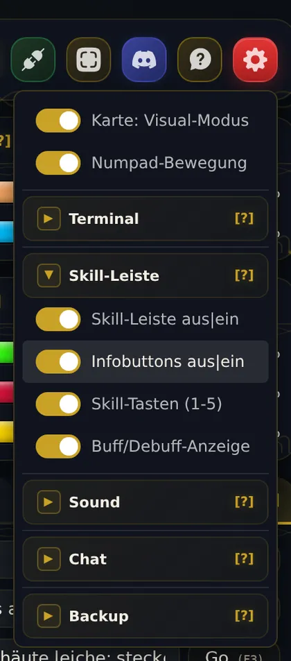 Einstellungen, Bereich Skill-Leiste: Skill-Leiste, Infobuttons, Skill-Tasten 1-5, Buff/Debuff-Anzeige.