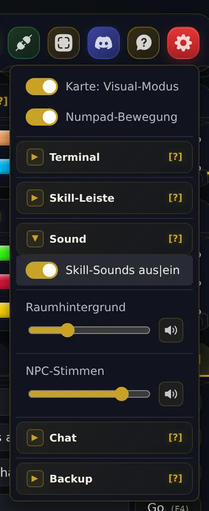 Einstellungen, Bereich Sound: Skill-Sounds, Regler Raumhintergrund und NPC-Stimmen mit Lautsprecher-Knöpfen.