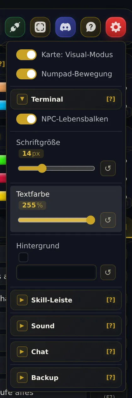 Einstellungen, Bereich Terminal: NPC-Lebensbalken, Schriftgröße 14, Textfarbe 255, Hintergrund.