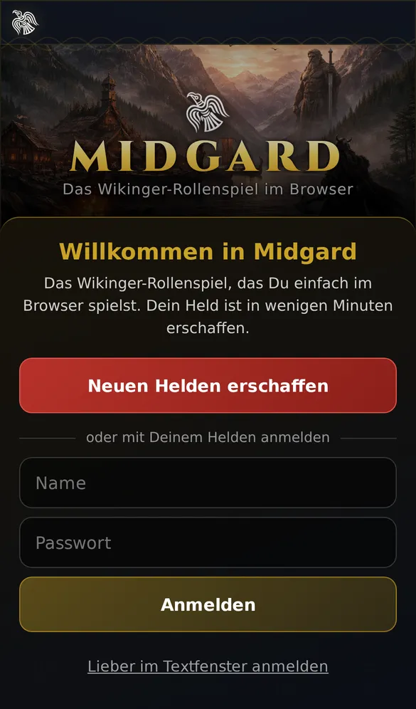 Handy: Anmeldebildschirm Willkommen in Midgard mit den Knöpfen Neuen Helden erschaffen und Anmelden sowie den Feldern Name und Passwort.