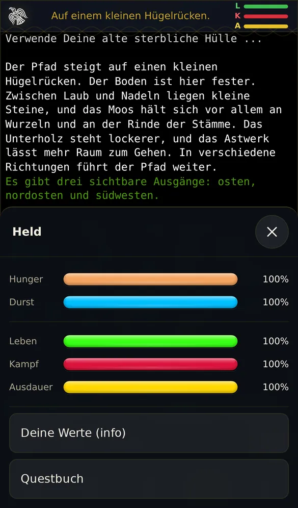 Handy: Das Fenster Held mit den Balken für Hunger, Durst, Leben, Kampf, Ausdauer und den Knöpfen Deine Werte und Questbuch.