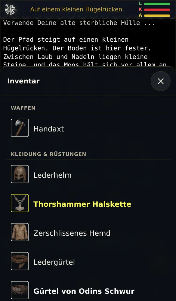 Handy: Das Inventar als Fenster mit Handaxt, Lederhelm, Thorshammer Halskette, Zerschlissenes Hemd und mehr.