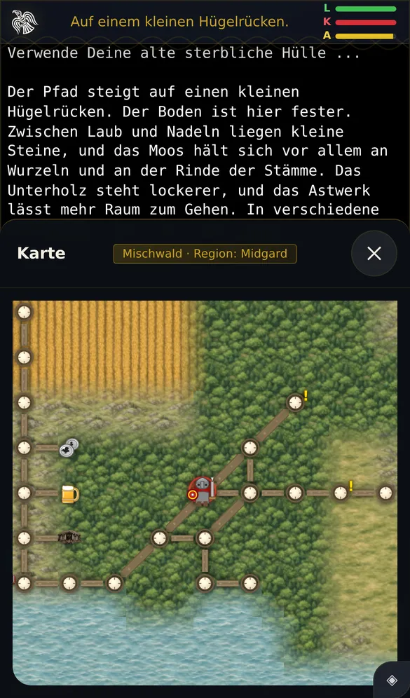 Handy: Die Karte als Fenster von unten mit dem Mischwald.