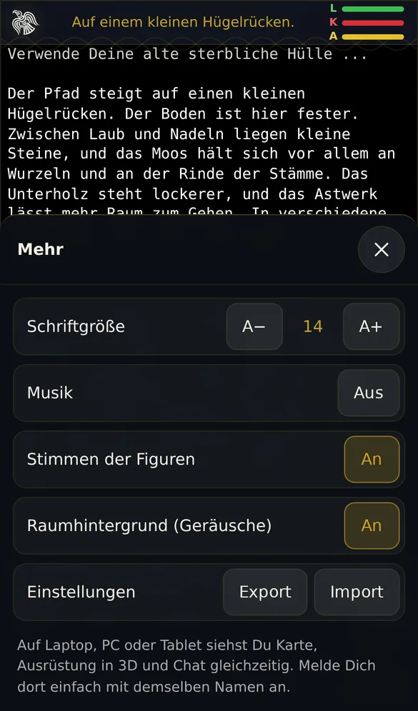 Handy: Das Fenster Mehr mit Schriftgröße 14, Musik aus, Stimmen der Figuren an, Raumhintergrund an und Einstellungen Export und Import.