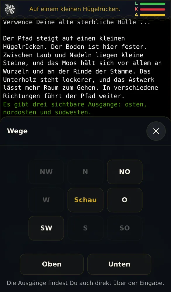 Handy: Das Fenster Wege mit Richtungsknöpfen, mögliche Richtungen hervorgehoben, Schau in der Mitte, darunter Oben und Unten.
