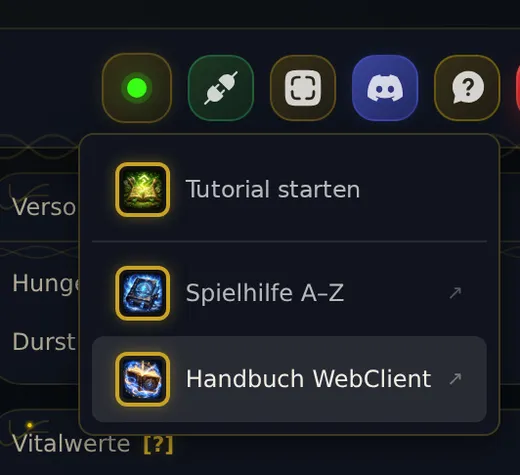 Das Hilfe-Menü mit den Einträgen Tutorial starten, Spielhilfe A bis Z und Handbuch WebClient.