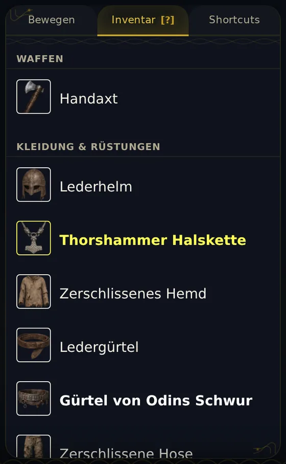 Das Inventar mit den Gruppen Waffen (Handaxt) und Kleidung und Rüstungen (Lederhelm, Thorshammer Halskette, Zerschlissenes Hemd, Ledergürtel, Gürtel von Odins Schwur).