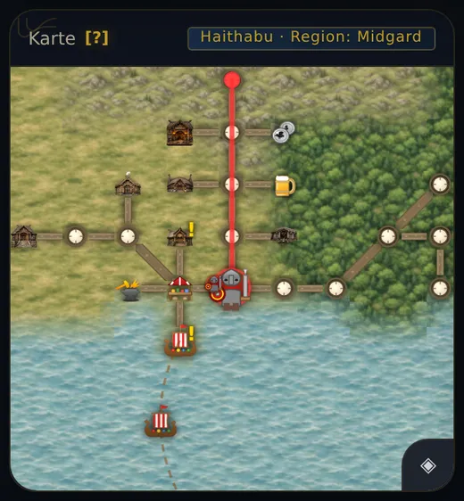 Die Karte während des Autowalks: eine rote Linie führt von Raufbold nach Norden bis zu einem roten Punkt am Ziel.