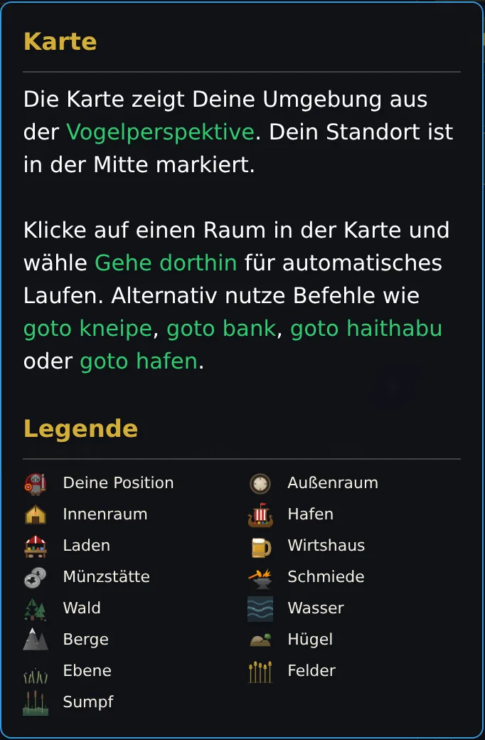 Das Hilfefenster der Karte mit Erklärung und Legende: Deine Position, Außenraum, Innenraum, Hafen, Laden, Wirtshaus, Münzstätte, Schmiede, Wald, Wasser, Berge, Hügel, Ebene, Felder, Sumpf.