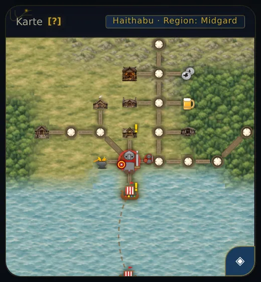 Die Karte von Haithabu im Visual-Modus: Häuser, Wege, ein Bierkrug für das Wirtshaus, Münzen für die Münzstätte, Wasser im Süden mit einem Schiff am Hafen und gelbe Ausrufezeichen.
