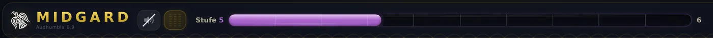 Linker Teil der Kopfleiste: Logo MIDGARD, Musikknopf mit Equalizer und der violette Erfahrungsbalken mit Stufe 5 links und 6 rechts.