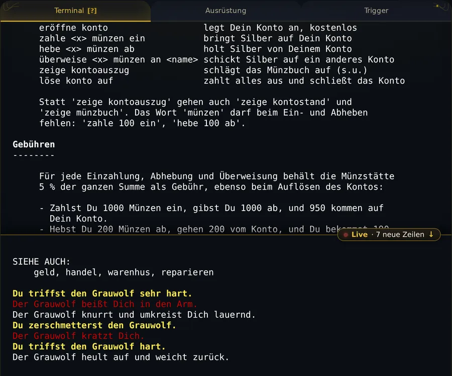 Terminal in zwei Teilen: oben die Hilfeseite der Münzstätte, unten mit goldener Trennlinie die neuesten Zeilen eines Kampfes gegen einen Grauwolf, rechts an der Linie die Marke „Live · 7 neue Zeilen ↓“.
