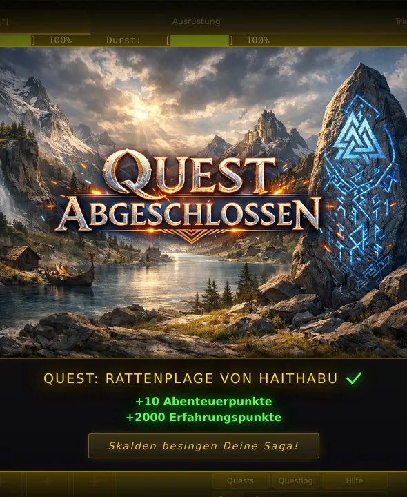 Fenster Quest abgeschlossen: Quest Rattenplage von Haithabu, plus 10 Abenteuerpunkte, plus 2000 Erfahrungspunkte, Knopf Skalden besingen Deine Saga.
