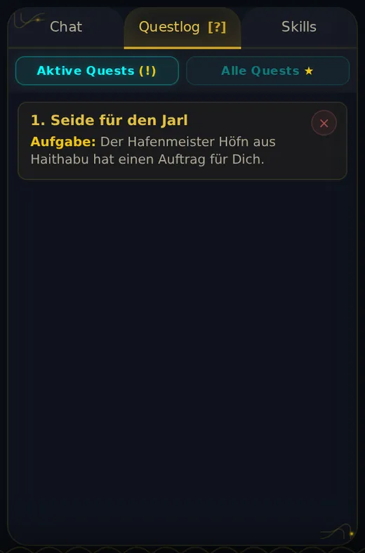 Aktive Quests: 1. Seide für den Jarl, Aufgabe: Der Hafenmeister Höfn aus Haithabu hat einen Auftrag für Dich.