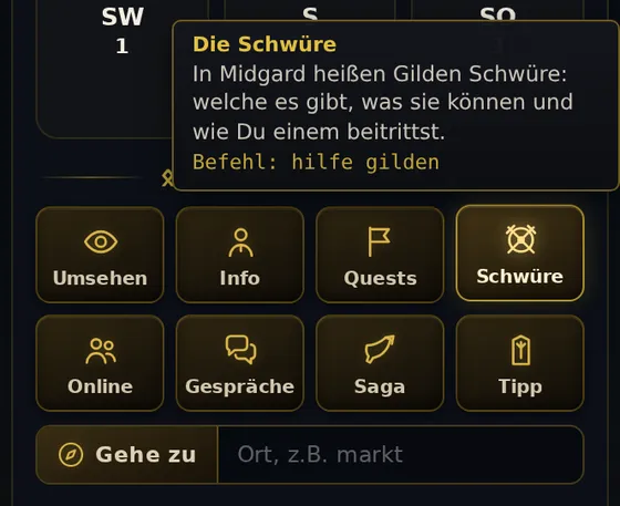Unter dem Bewegungsfeld die Überschrift Schnellbefehle und acht goldene Kacheln: Umsehen, Info, Quests, Schwüre, Online, Gespräche, Saga, Tipp. Darunter das Feld Gehe zu.