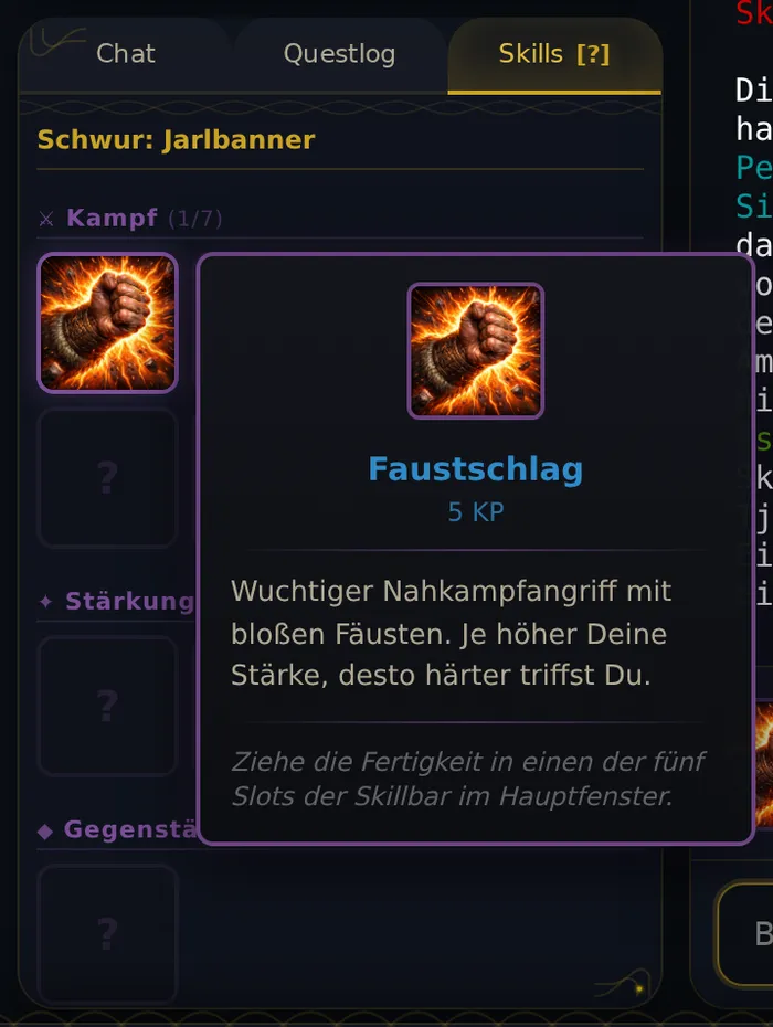 Infofenster zur Fertigkeit Faustschlag: 5 KP, wuchtiger Nahkampfangriff mit bloßen Fäusten, Hinweis zum Ziehen in die Skillbar.