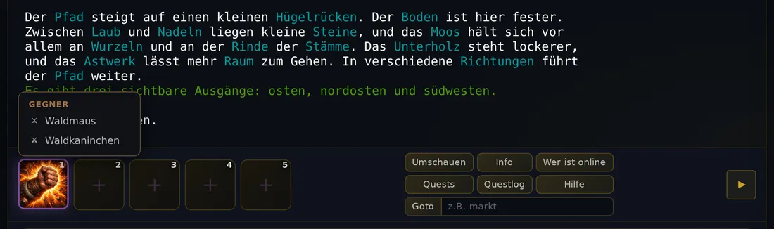 Nach einem Rechtsklick auf den Faustschlag-Slot erscheint das Menü „Gegner“ mit Waldmaus und Waldkaninchen.