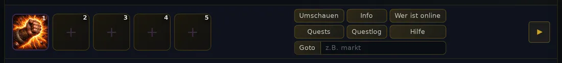 Die Skill-Leiste mit Faustschlag in Slot 1 und vier leeren Slots mit Pluszeichen, rechts daneben die Info-Leiste.