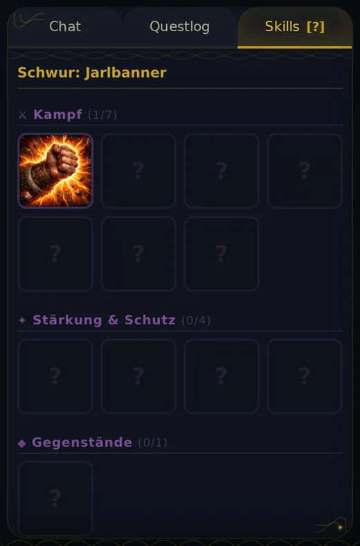 Der Reiter Skills: Schwur Jarlbanner, unter Kampf ist Faustschlag gelernt, die übrigen Felder zeigen Fragezeichen.