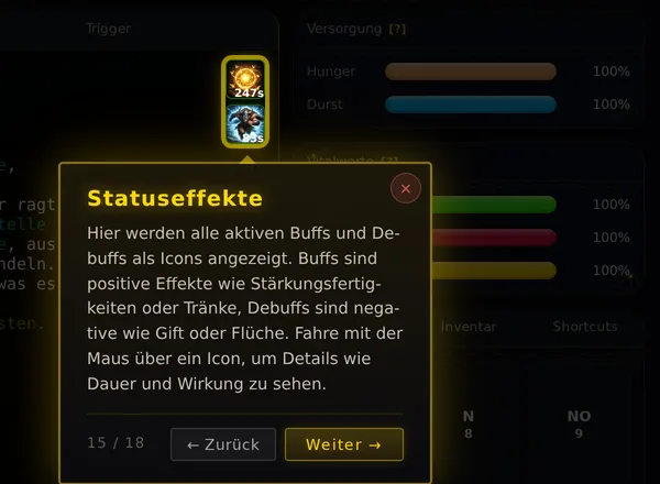 Rechts oben im Terminal zwei kleine Bilder mit Sekunden darunter, daneben die Erklärung Statuseffekte aus dem Tutorial.