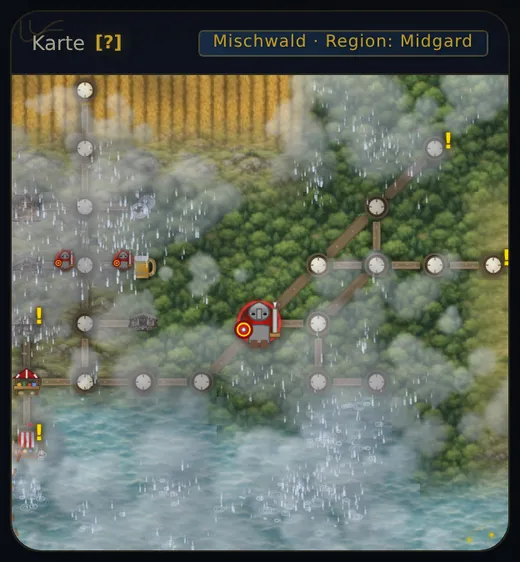 Die Karte bei Regen am Tag: graue Regenwolken ziehen über den Mischwald bei Haithabu, darunter fallen Regenschlieren, und auf dem Wasser im Süden breiten sich Ringe aus.